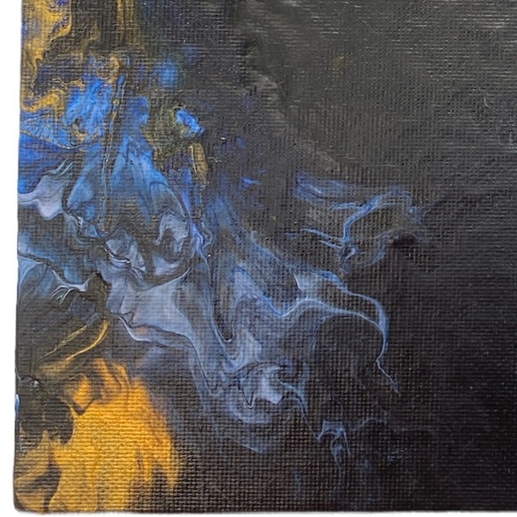 Handmade acrylic pour painting by Svetlana Yeung in blue black and gold 10”x10” - Picture 4 of 11
